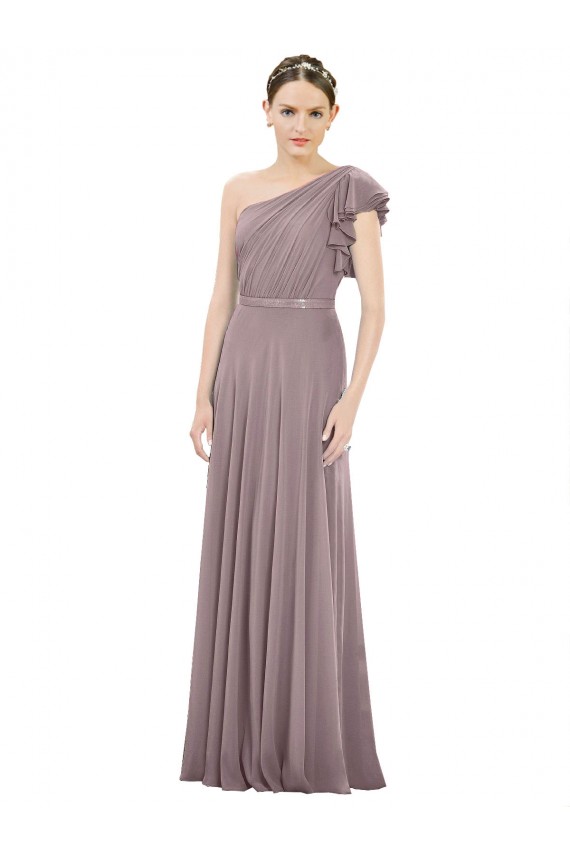 Cheap Full Length One Shoulder Chiffon Bridesmaid Dress with Shoulder Ruffle Canada