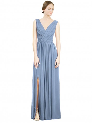 Cheap Sleeveless Draped Chiffon Maxi Bridesmaid Dress with Front Slit Canada