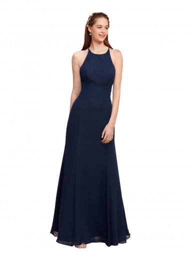 Cheap High Halter Fit and Flare Long Chiffon Bridesmaid Dress with Criss Cross Low Back Canada