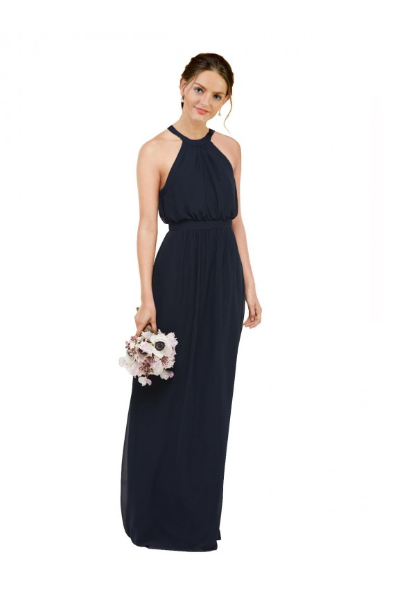 Cheap High Halter Neckline Chiffon Bridesmaid Dress with Slim Keyhole Back Canada