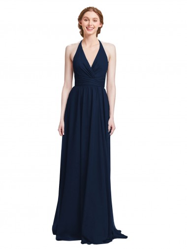 Cheap Halter Chiffon Bridesmaid Dress with V-Neckline and Criss Cross Waist Canada