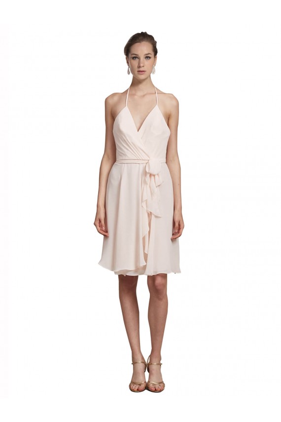 Cheap Short Knee Length Wrap Chiffon Halter Bridesmaids Dress Canada