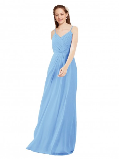 Cheap Pleated Low Back Long V-Neck Chiffon Bridesmaid Dress with Thin Straps Canada