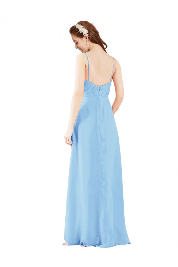 Cheap Pleated Low Back Long V-Neck Chiffon Bridesmaid Dress with Thin Straps Canada