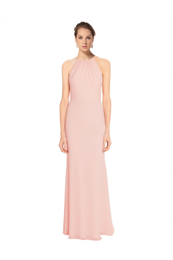 Cheap High Neck Long Chiffon Halter Bridesmaid Dress with Drape Chiffon Overlay Canada