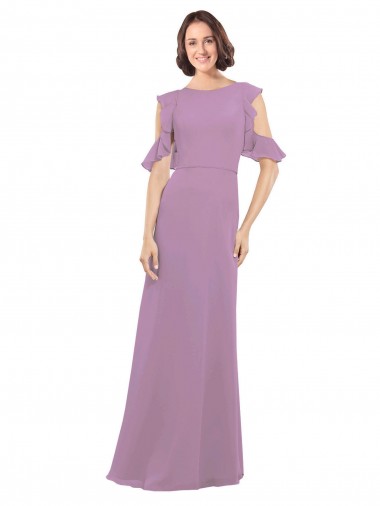 Cheap Long Chiffon Bridesmaids Dress with Flounced Sleeve Detail and Criss Cross Back Canada