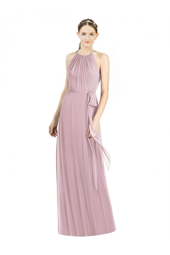 Cheap Shirred Halter Neck Long Chiffon Bridesmaid Dress Canada