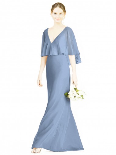 Cheap V-Back Trumpet Chiffon Bridesmaid Dress with Draped Cape Overlay Canada
