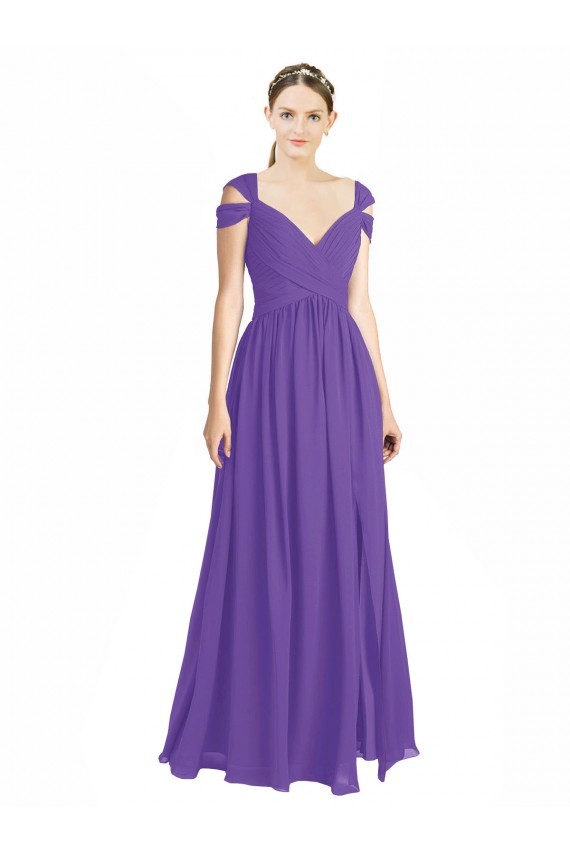 Cheap Off the Shoulder Cap Sleeves Chiffon Bridesmaid Dress with Pleats Canada