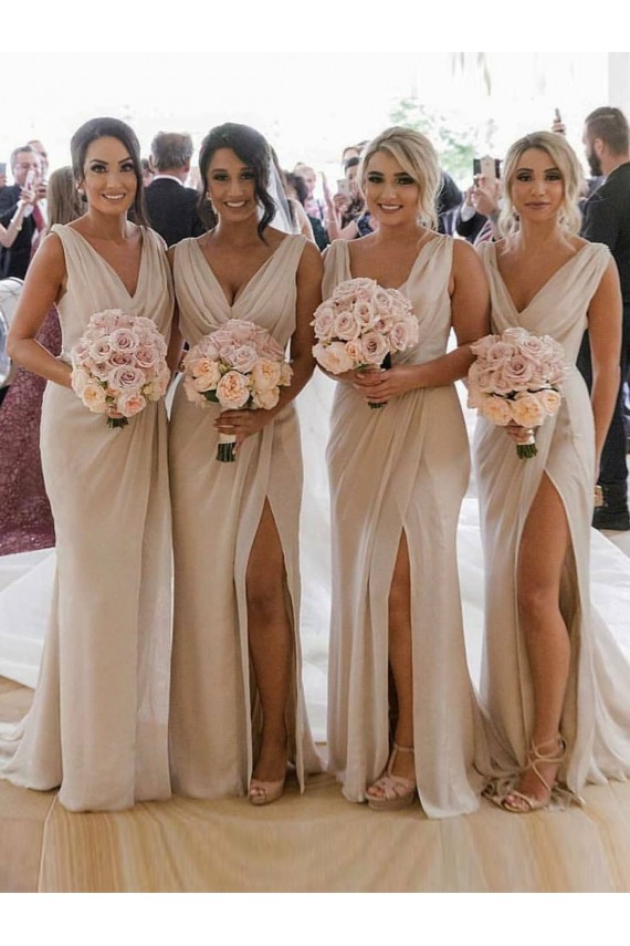 Cheap Chiffon Long Champagne Evening Dress with Sexy High Slit and Front Ruffles Canada