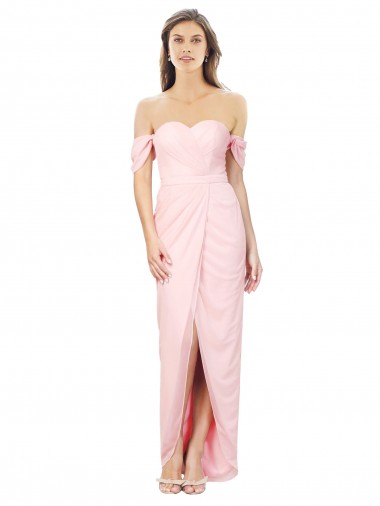 Cheap High Low Off the Shoulder Strapless Ruched Chiffon Bridesmaid Dress Canada