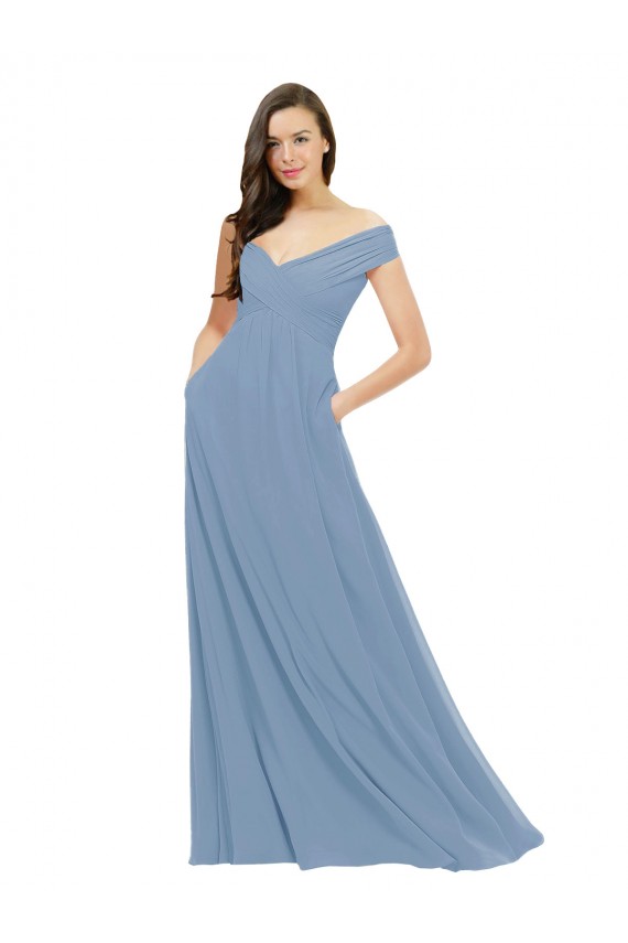 Cheap Chiffon Bridesmaid Dress with Classic Off the Shoulder Neckline Canada