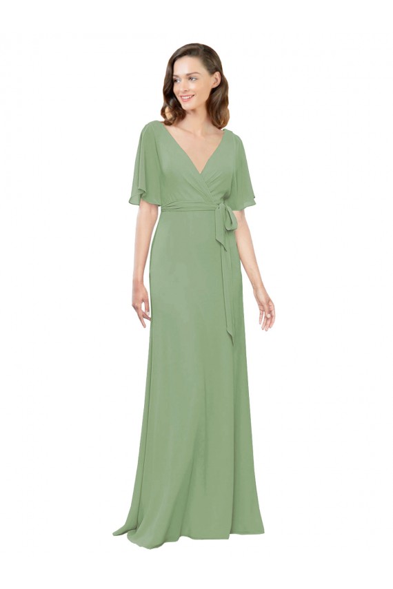 Cheap Chiffon V-Neckline Wrap Bridesmaids Dress With Double Flutter Sleeve Canada