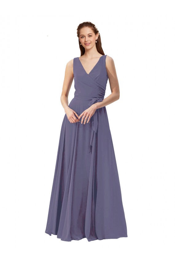 Cheap V-Neck Long Draped A-Line Chiffon Bridesmaid Dress Canada