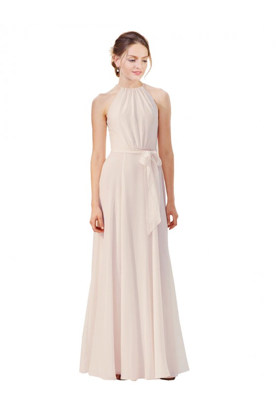Cheap Tie Neck Long Chiffon A-Line Bridesmaid Dress with Sheer Back Canada