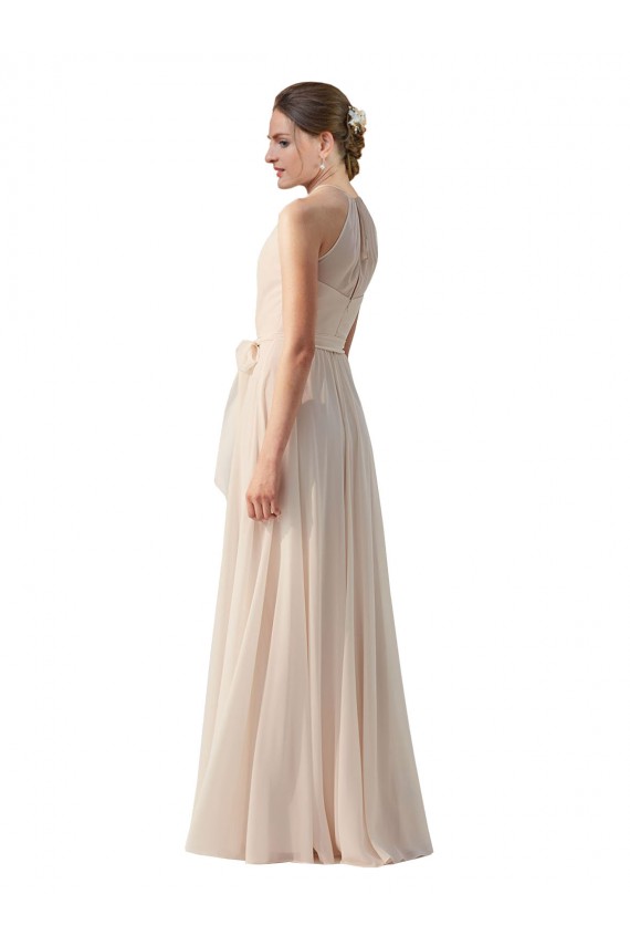 Cheap Tie Neck Long Chiffon A-Line Bridesmaid Dress with Sheer Back Canada