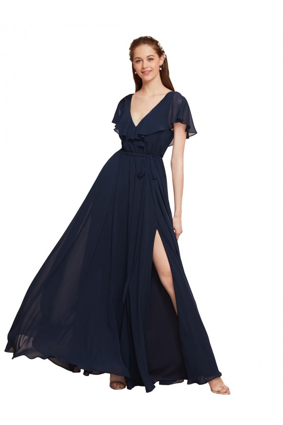 Cheap Long V-Neck Chiffon Bridesmaid Dress with Slit and V-Back Canada