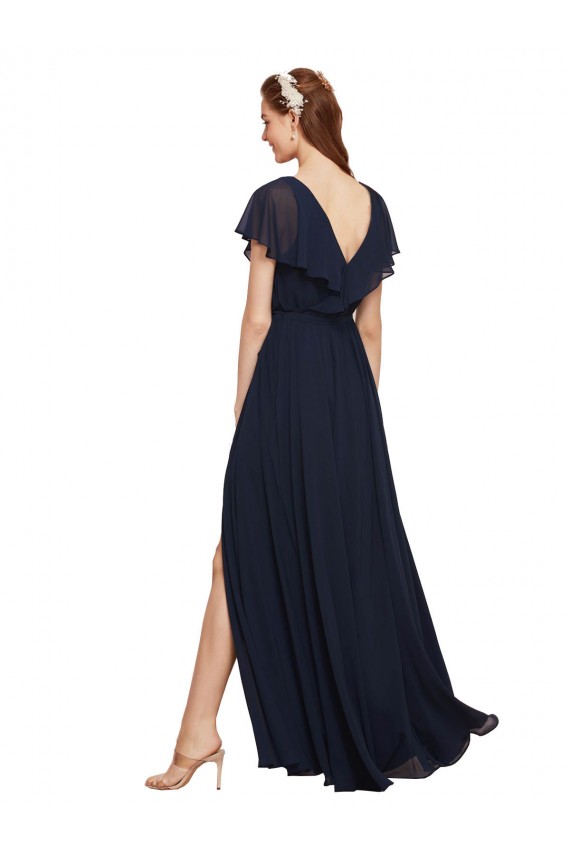 Cheap Long V-Neck Chiffon Bridesmaid Dress with Slit and V-Back Canada