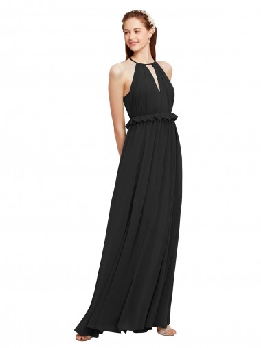 Cheap Halter Neck Front Keyhole Chiffon Bridesmaid Dress with Shirred Waist Canada