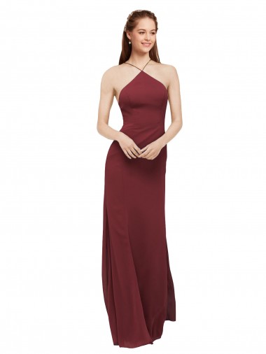 Cheap High Halter Neck Long Chiffon Bridesmaid Dress with Low Scoop Back Canada