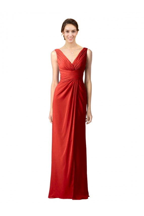 Cheap Shirred Long Floor Length Chiffon Bridesmaid Dress with V-Back Canada
