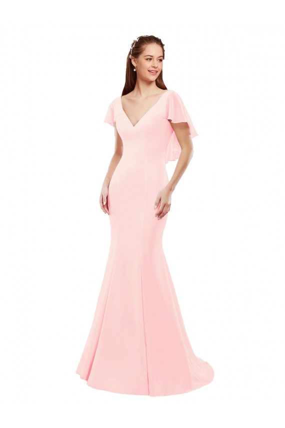 Cheap Fit and Flare Chiffon Bridesmaid Dress with V-Neck and Flutter Sleeves Canada