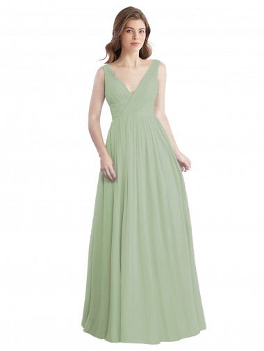 Cheap V-Neck A-Line Long Chiffon Bridesmaid Dress with Draped Bodice Canada