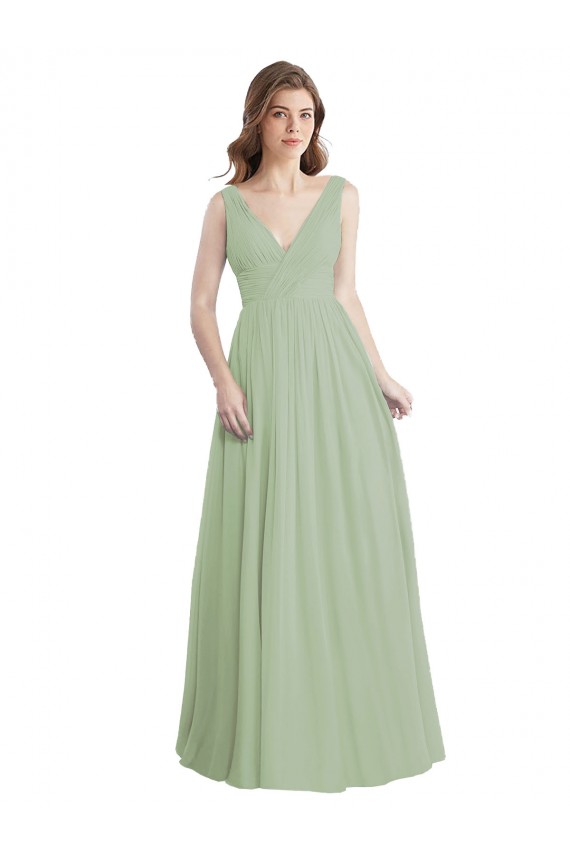 Cheap V-Neck A-Line Long Chiffon Bridesmaid Dress with Draped Bodice Canada