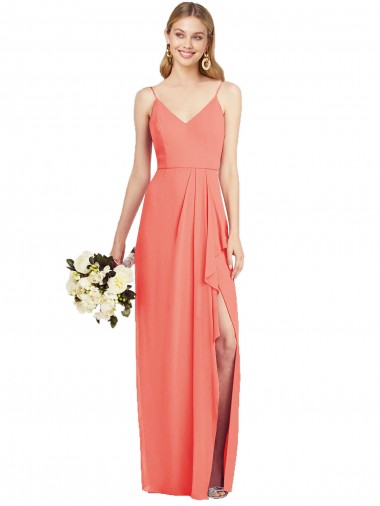 Cheap Spaghetti Strap Draped Skirt Chiffon Bridesmaid Dress with Front Slit Canada