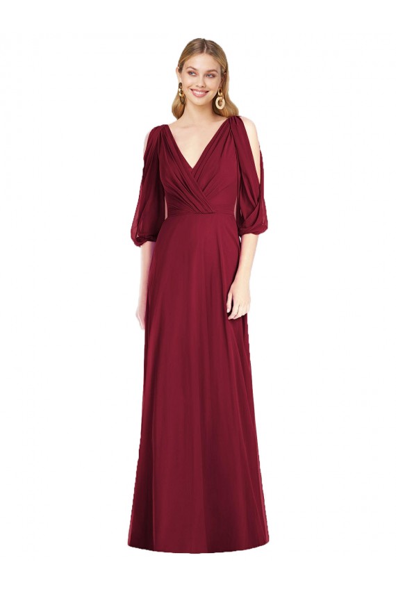 Cheap Draped V-Neck Bell Sleeves V-Back Chiffon Bridesmaid Dress Canada