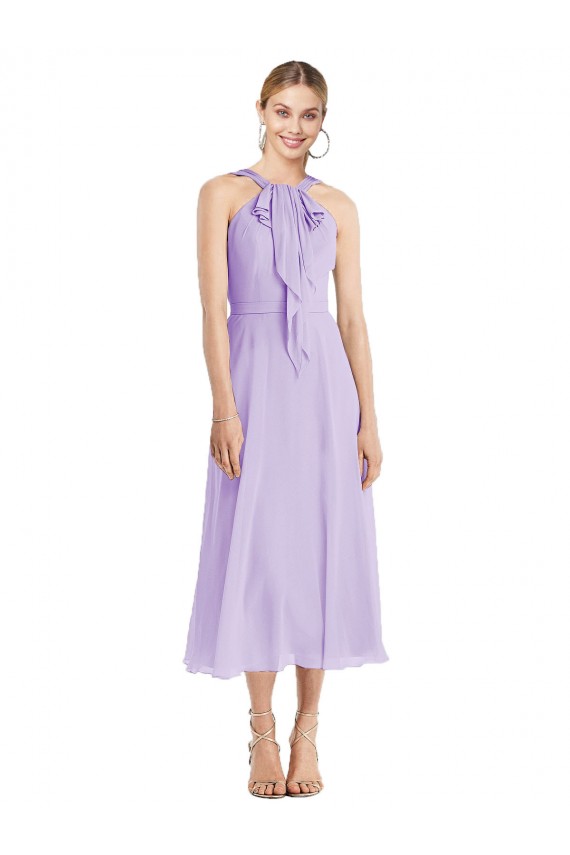 Cheap Midi Length Halter Plunging V-Back Chiffon Bridesmaid Dress Canada