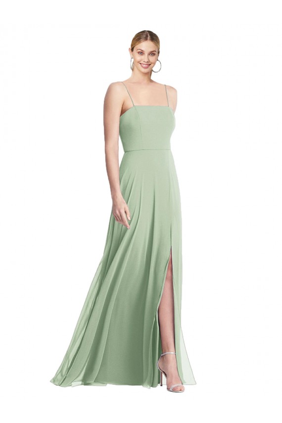 Cheap Sleek Spaghetti Straps Low Back Square Neck Maxi Chiffon Bridesmaid Dress Canada