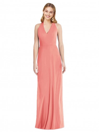 Cheap V-Neck Halter Chiffon Maxi Bridesmaid Dress Open Back Canada