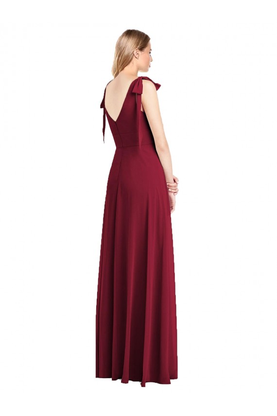 Cheap Full Length Bow-Shoulder V-Back Chiffon Bridesmaid Dress with Front Slit Canada