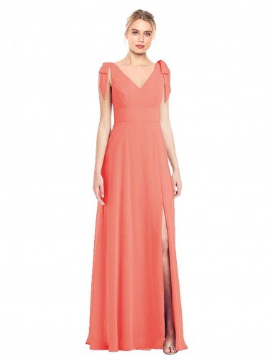 Cheap Full Length Bow-Shoulder V-Back Chiffon Bridesmaid Dress with Front Slit Canada