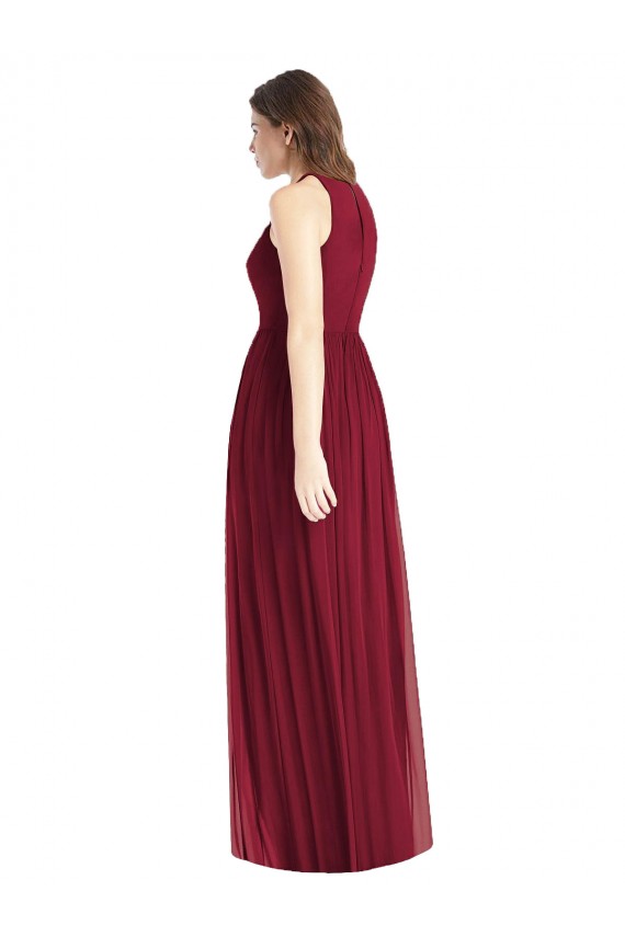 Cheap Shirred Skirt Jewel Neck Halter Chiffon Bridesmaid Dress with Front Slit Canada