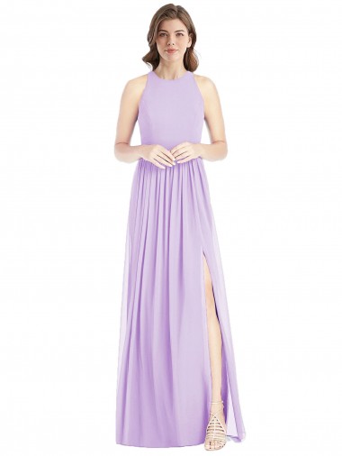 Cheap Shirred Skirt Jewel Neck Halter Chiffon Bridesmaid Dress with Front Slit Canada