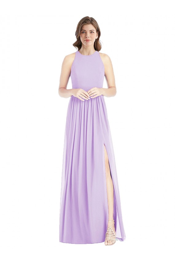 Cheap Shirred Skirt Jewel Neck Halter Chiffon Bridesmaid Dress with Front Slit Canada