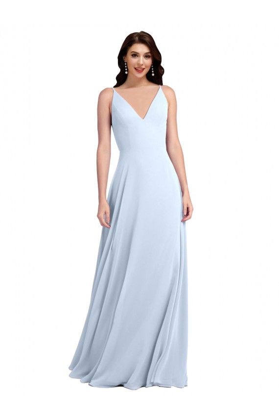 Cheap Long Floor Length V-Neck Chiffon Bridesmaid Dress with Keyhole Back Canada