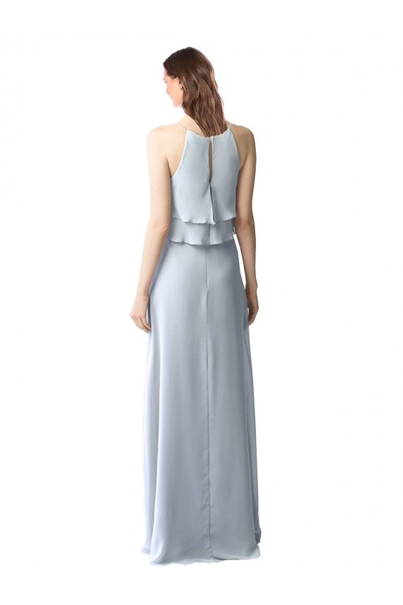 Cheap High Narrow Neck Long Chiffon Bridesmaid Dress with Tiered Ruffles Canada