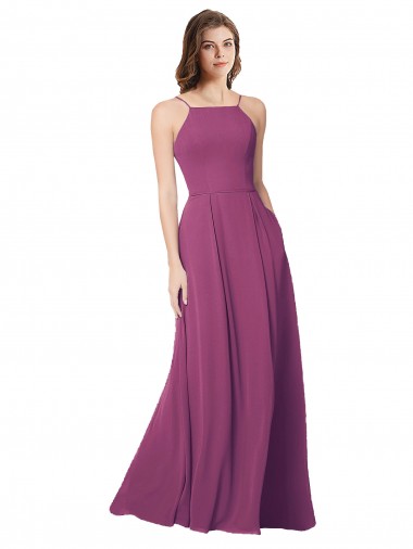 Cheap Halter Neck Long Pleated Chiffon Bridesmaid Dress with Pockets Canada
