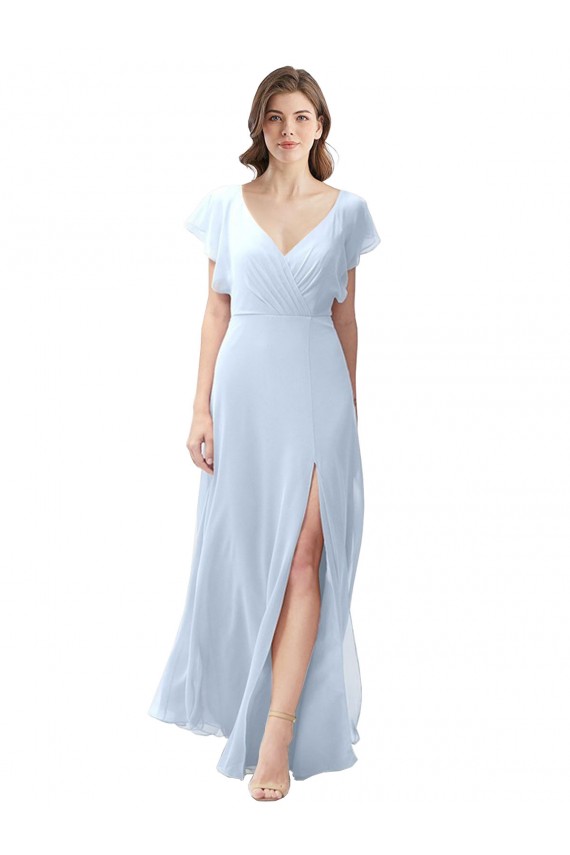 Cheap Flutter Sleeves Long Chiffon Bridesmaid Dress with Daring Open Back and Side Slit Canada
