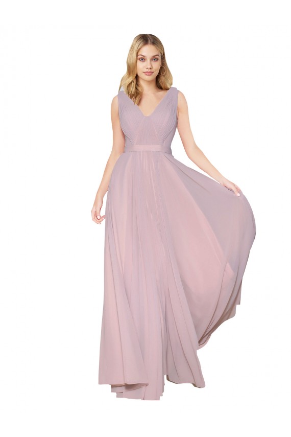 Cheap Draped V-Neck Long Chiffon Bridesmaid Dress with Shirred Bodice Canada