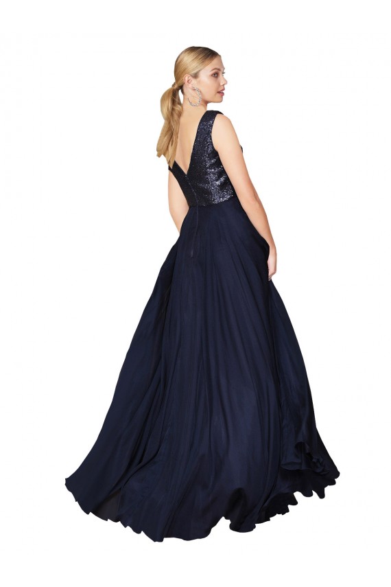 Cheap High Neck V-Neck Long Chiffon Bridesmaid Dress with Sequin Top Canada