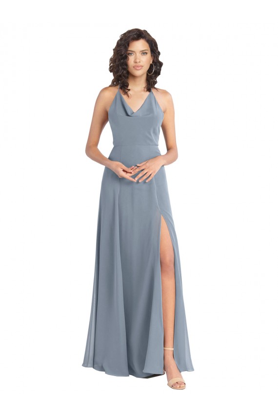 Cheap Slim A-Line Cowl Neck Long Chiffon Bridesmaid Dress with Side High Slit Canada