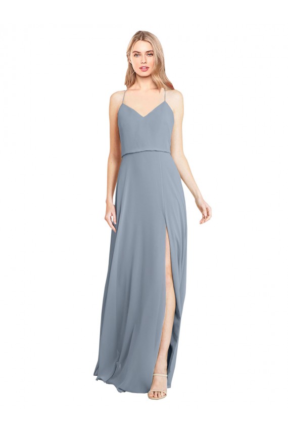 Cheap Spaghetti Straps V-Neckline Long Chiffon Bridesmaid Dress with High Slit Canada