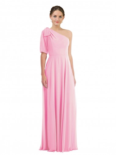 Cheap Bow One Shoulder Flounce Sleeve Maxi Bridesmaid Dress Canada