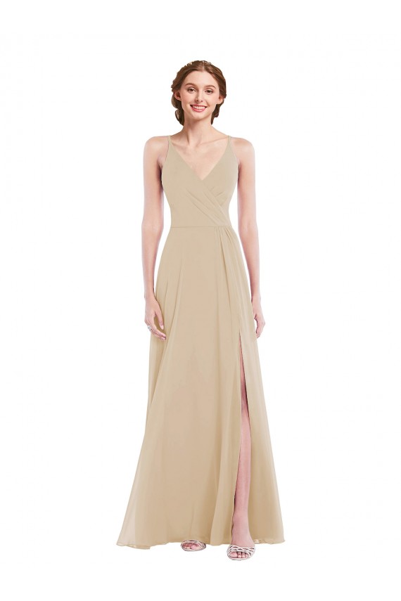 Cheap Faux Wrap Criss Cross Back Maxi Bridesmaid Dress with Front Slit Canada