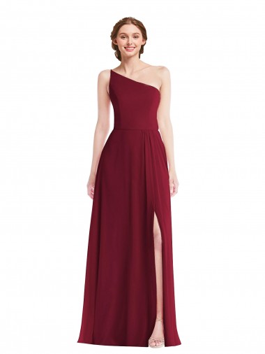 Cheap One Shoulder Chiffon Maxi Bridesmaid Dress with Shirred Front Slit Canada