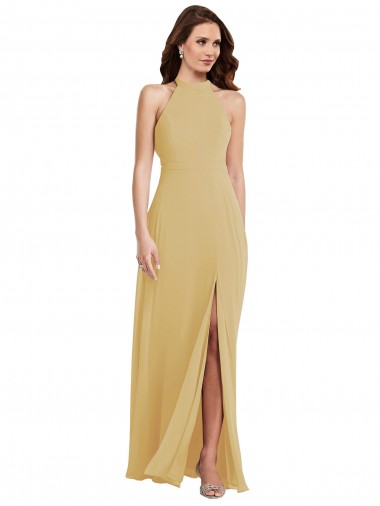Cheap Stand Collar Halter Maxi Bridesmaid Dress with Criss Cross Open Back Canada